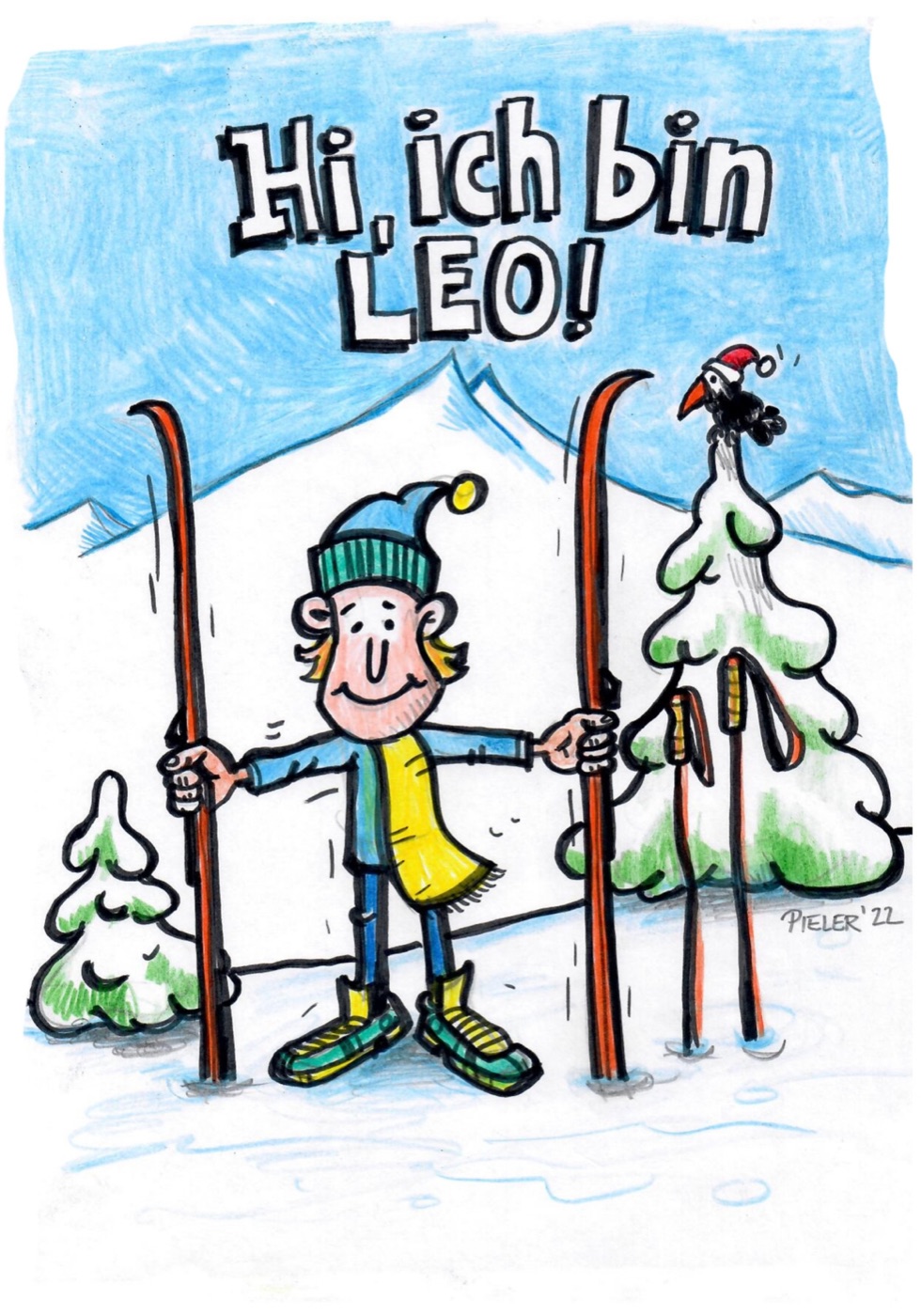 Cartoon: Leo mit Pudelhaube und Ski im Schnee, Schriftzug „Hi, ich bin Leo!“